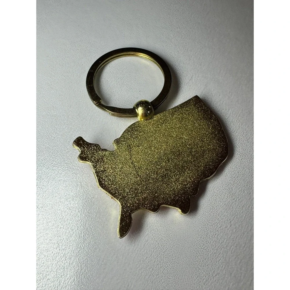 USA United States Map Flag Statue of Liberty Keychain Souvenir‎ Gold Tone